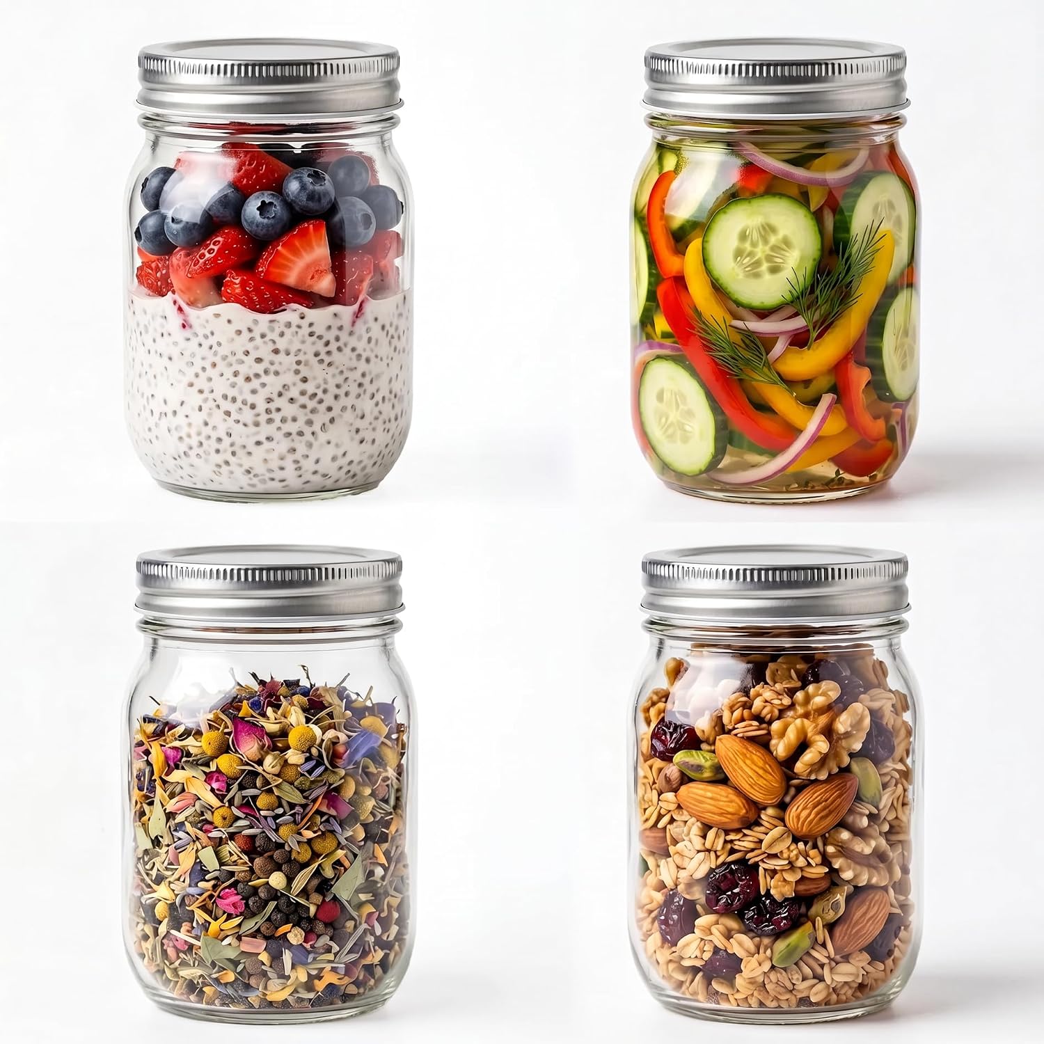 YINGERHUAN Glass Regular Mouth Mason Jars, 16 oz Clear Glass Jars with Silver Metal Lids for Sealing, Canning Jars for Food Storage, Overnight Oats, Dry Food, Snacks, Candies, DIY Projects (4PACK)