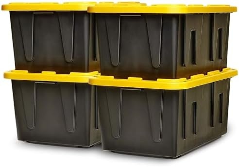 HOMZ Durabilt Plastic Storage Bins with Lids, 27 Gal, Black/Yellow, 4 Pack