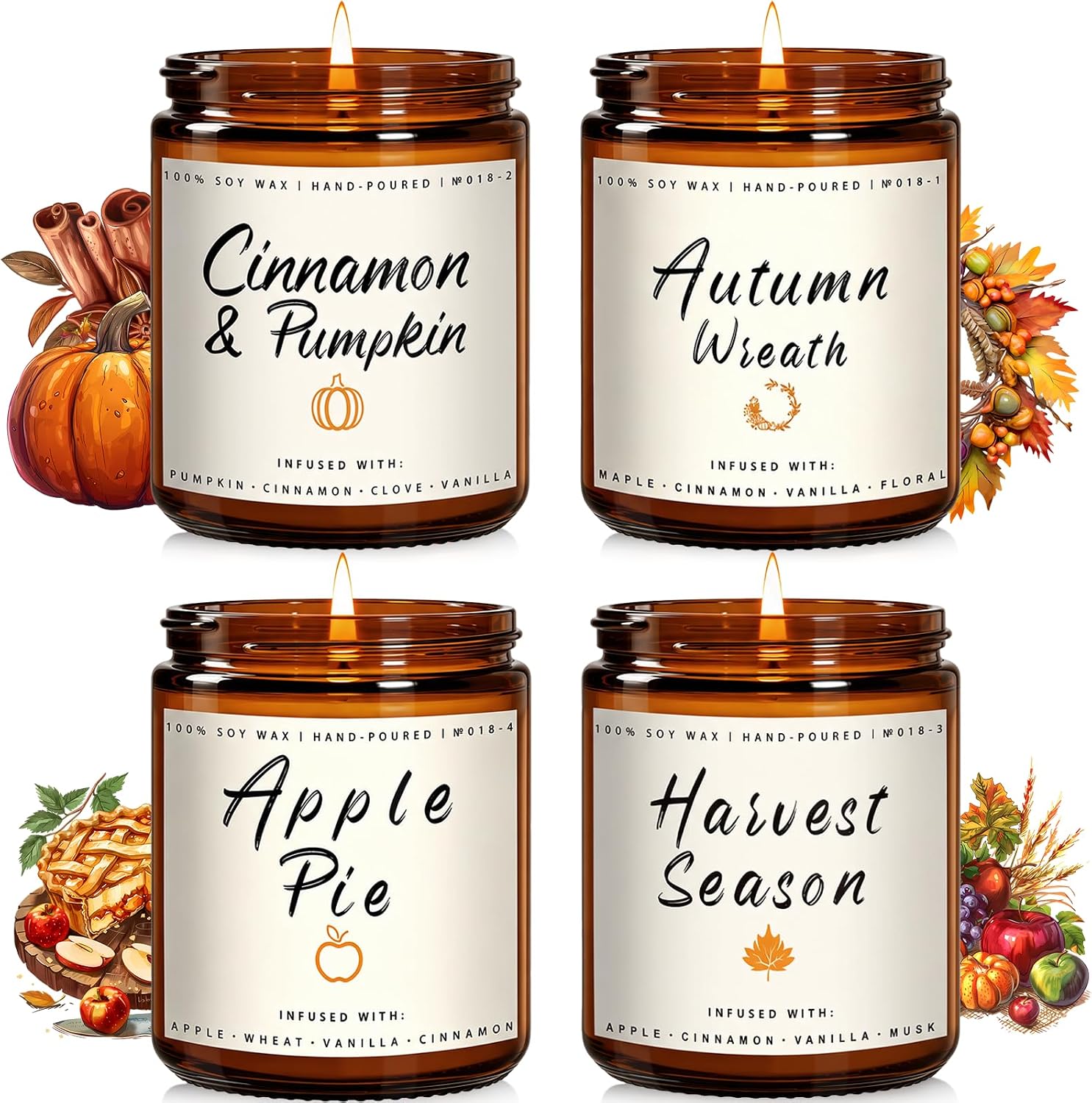 Auelife Fall Candle Set, 4 Pack Scented Soy Candles for Home in Apple Pie, Cinnamon, Harvest, and Wreath