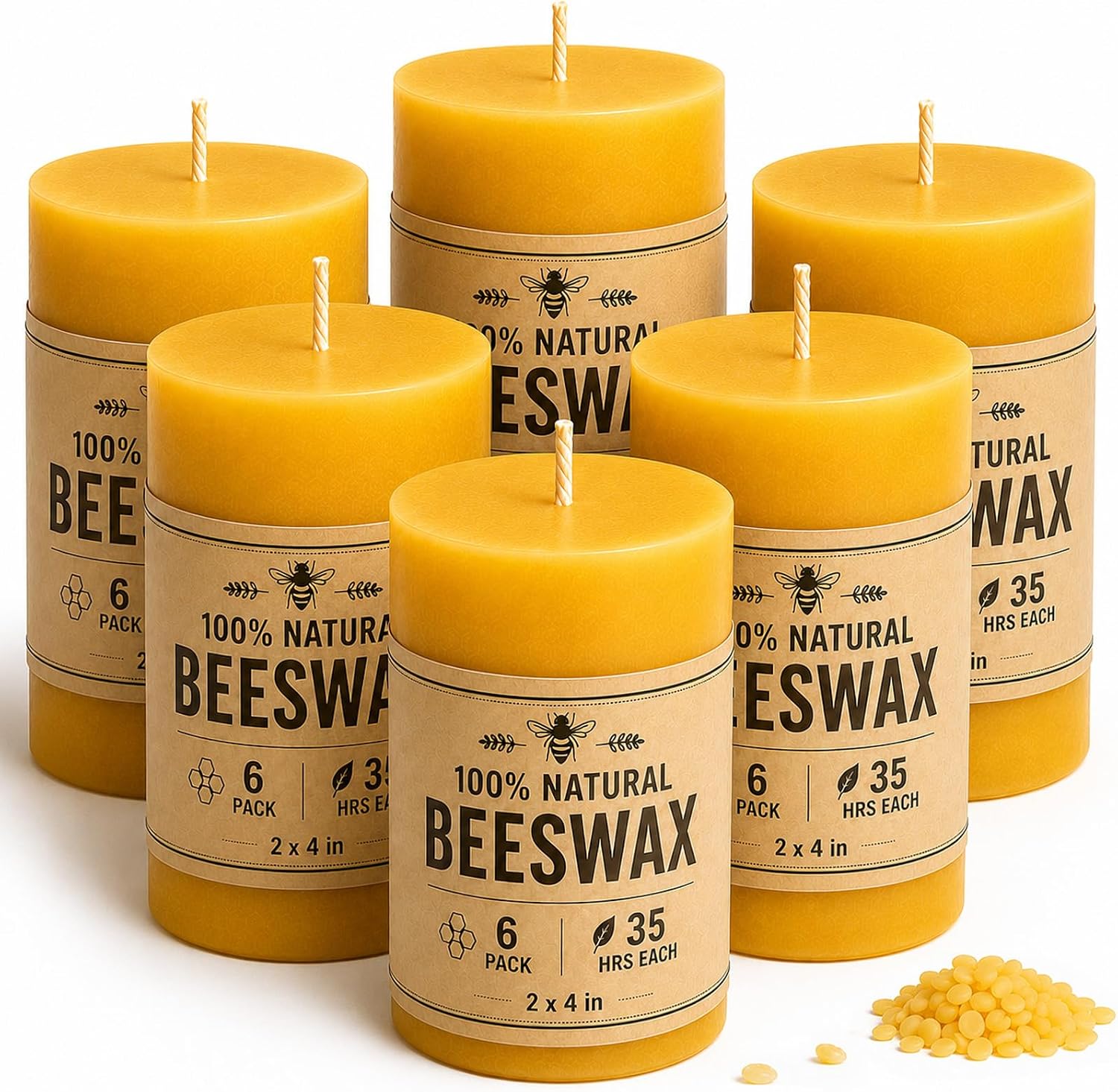 Beeswax Candles Non Toxic 6 Pack, Natural Beeswax Pillar Candle for Home