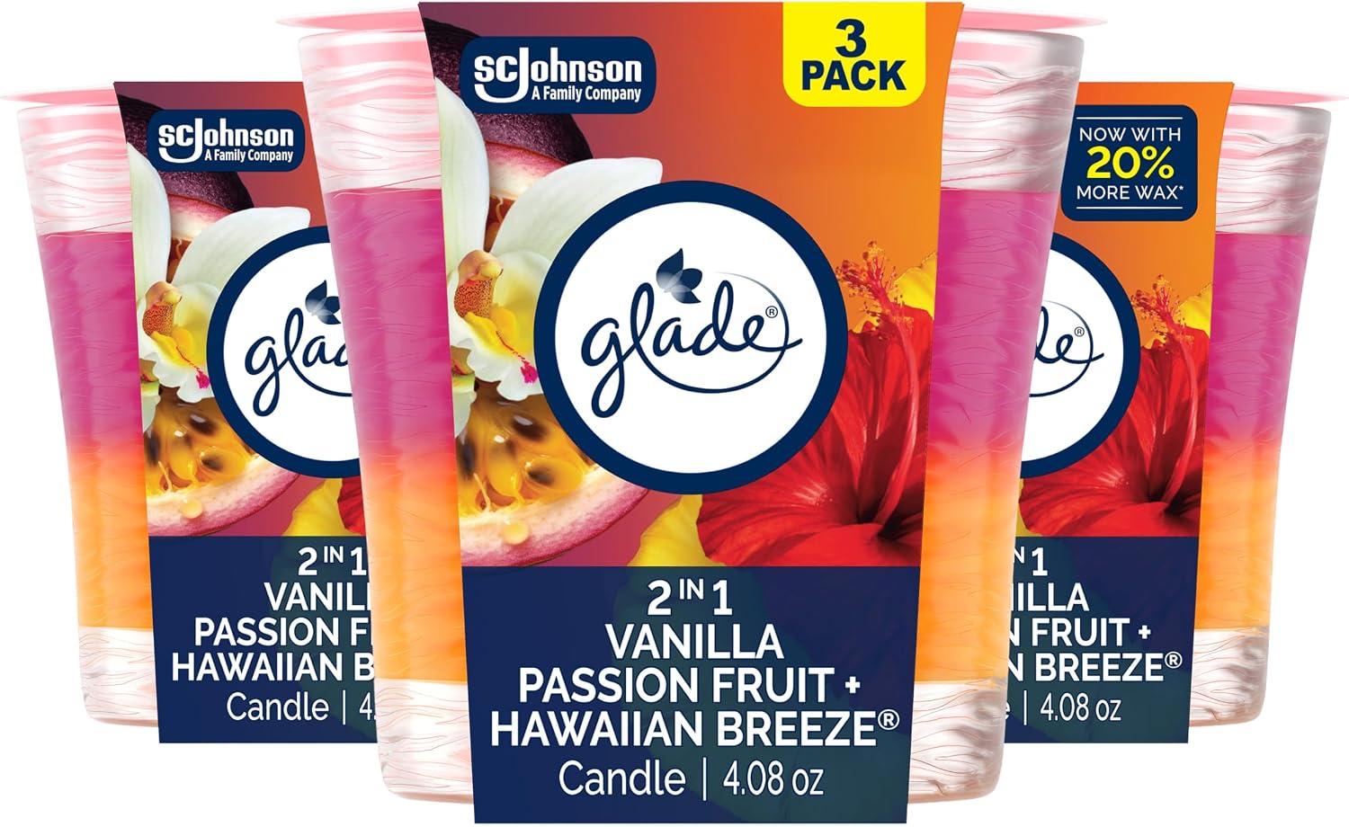 Glade 2in1 Scented Candle, Hawaiian Breeze & Vanilla Passion Fruit, 3 Count