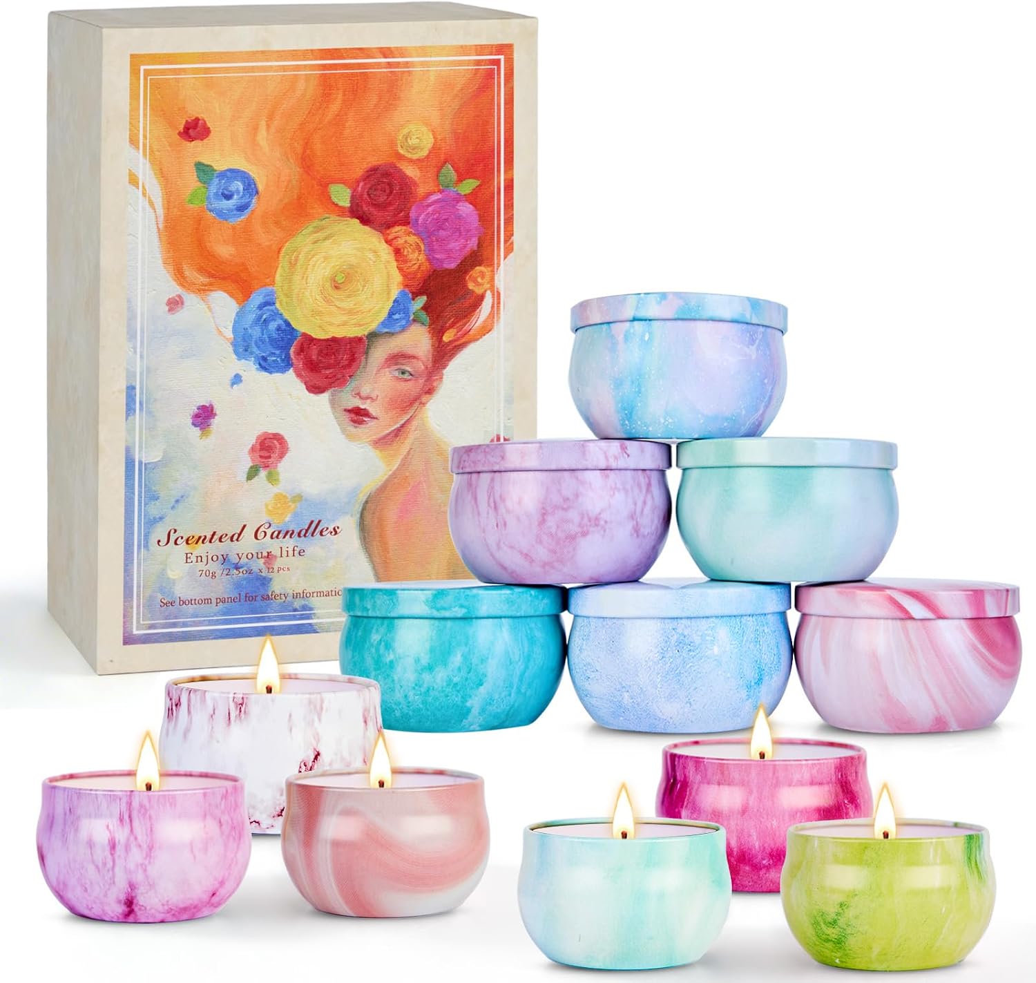 Scented Candles Gift Set for Women, 12 Pack Soy Wax Aromatherapy Candles with Spring Summer Fresh Scents, Up to 300H Total Burn Time, Colorful Portable Tin Candle Gift