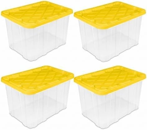 Large Industrial Storage Bins with Lids, 27 Gallon Clear Plastic Tote for Garage & Basement, Heavy Duty Stackable Totes for Storage and Organization, Yellow, 4-Pack